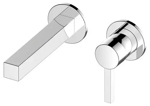 Zwei moderne Wasserhähne in verchromtem Finish: einer mit rechteckigem Auslauf und der andere mit runder Form, beide montiert auf einer Wandplatte.